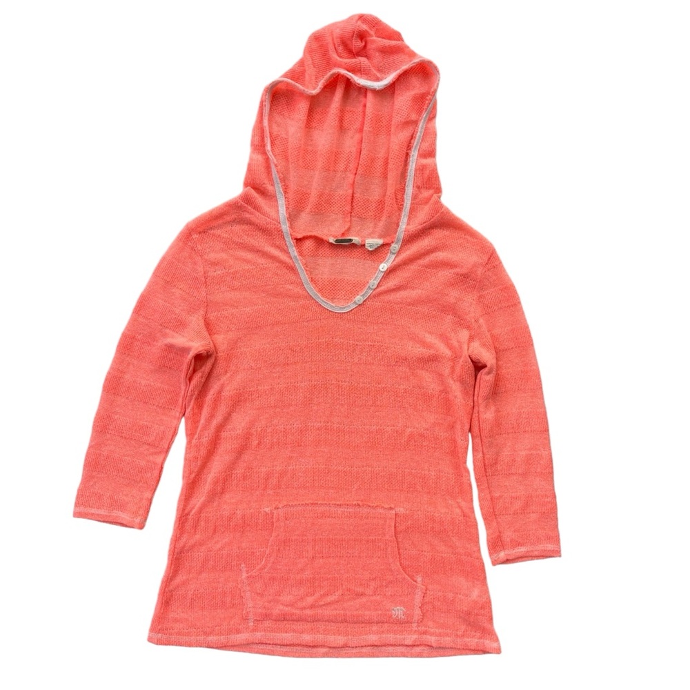 Miss Me Womens Sz Medium Bright Coral 3/4 Sleeve Knit Hooded Lightweight Sweater